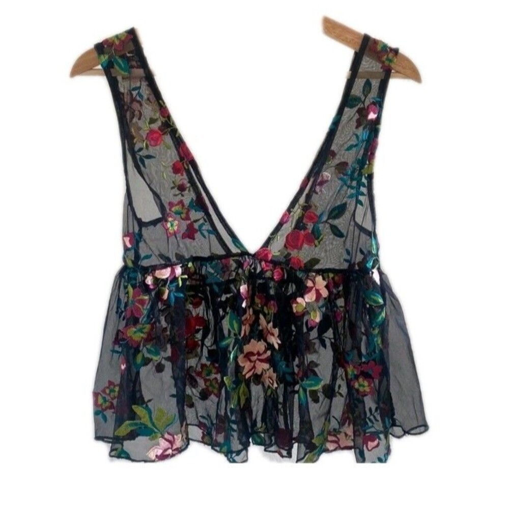 Ecote Black Floral Baby Doll Embroidered Top XS Boho Indie Layering Piece - Picture 3 of 11